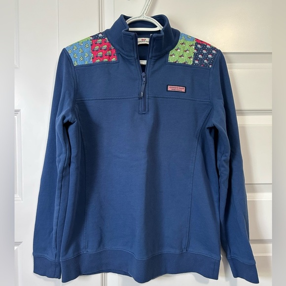 Vineyard Vines Holiday Christmas Blue Quarter-Zip Sweatshirt - Picture 3 of 7